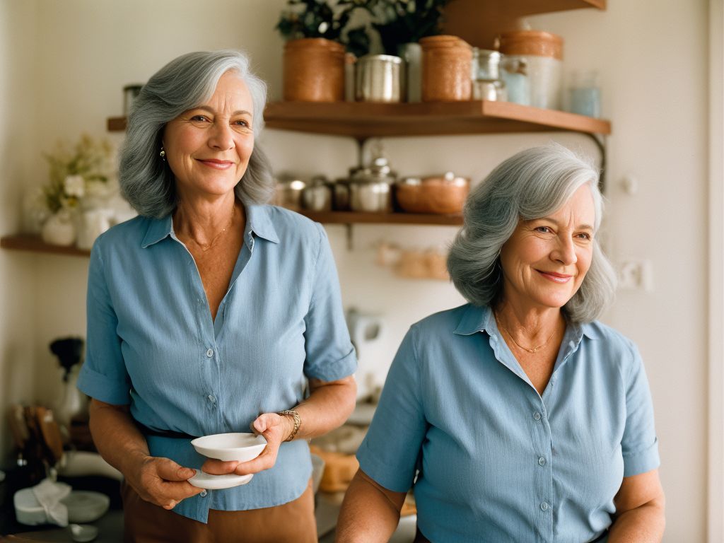 arvintayao: candid image of an attractive 60 year old woman wearing a blue  shirt holding a bar of soap posing in the kitchen