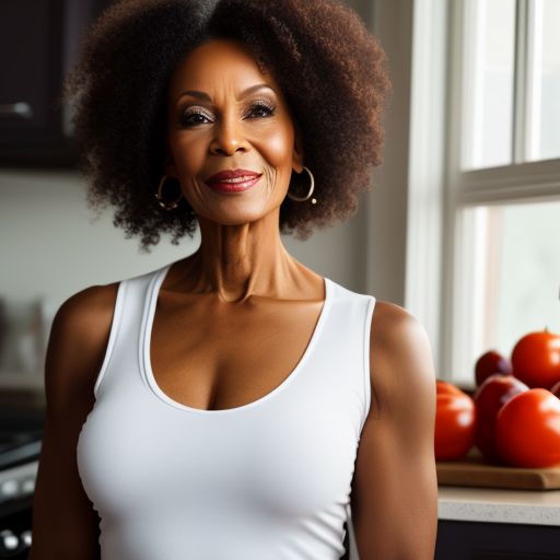 pretty mature woman wearing a tank top, posing in the kitchen
, AFRICAN AMERICAN BEAUTIFUL MODEL