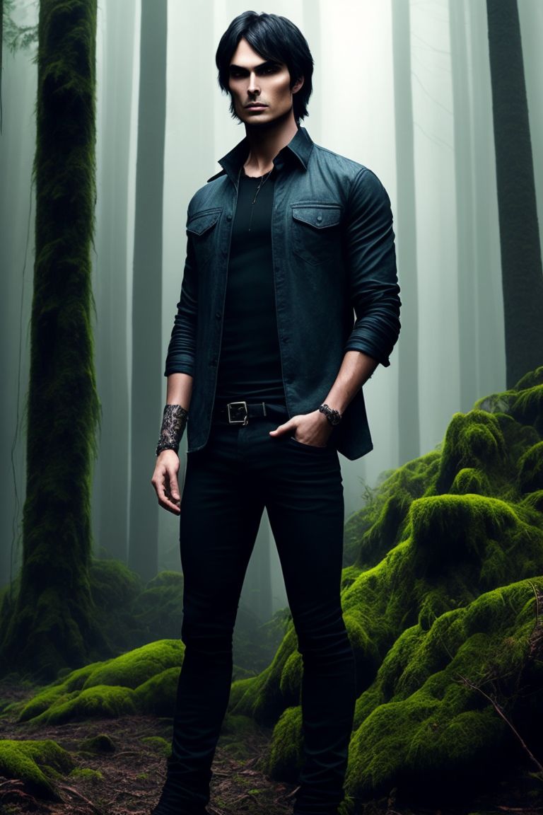 lovable-rat349: Group of vampires wearing a black clothing standing in the  deep, lush forest with large tall trees and moss. one of the male Vampires  resembles Ian Somerhalder.