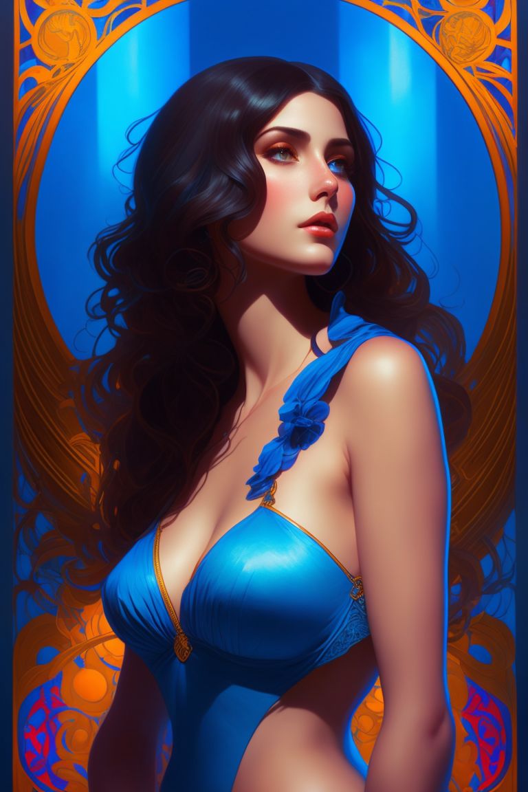 Voluptuous brunette young woman wearing blue, standing alone, Sharp focus, warm and colorful lighting, intricate and highly detailed, trendy on artstation, art by alphonse mucha and artgerm.