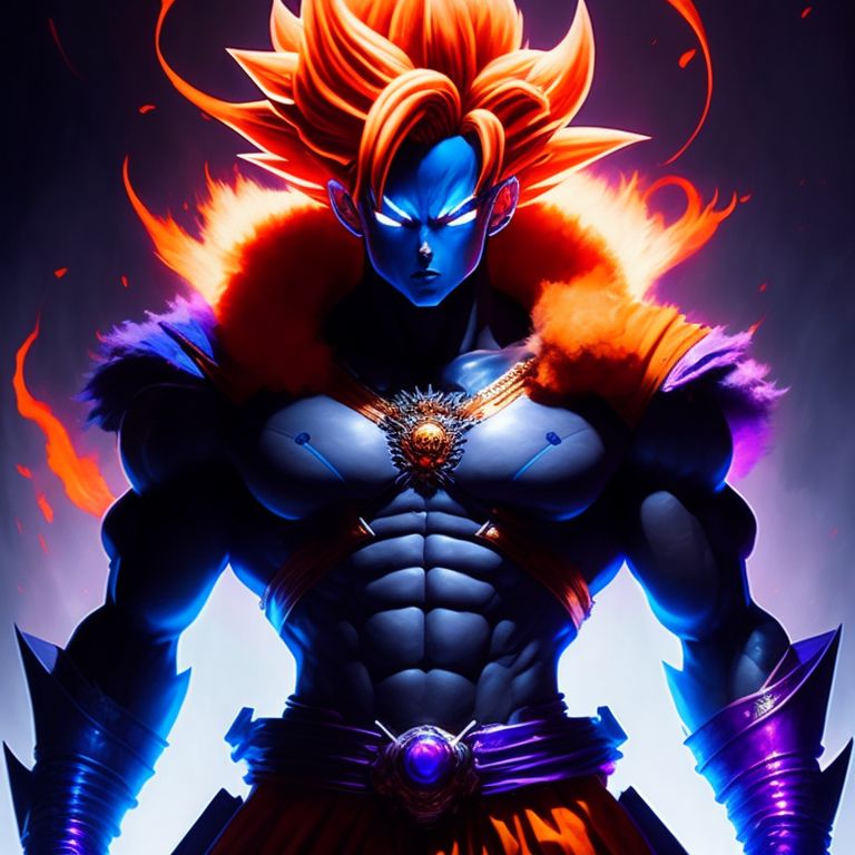 cruel-yak727: Fire Goku - This android version of Goku has fiery red hair  and intense, piercing eyes. He wears a flame-patterned orange gi and has a  fiery aura surrounding him. In the