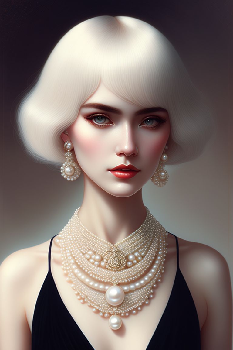 Lilla: European woman, white bob hair, Coco Chanel style, dress, pearl  necklace