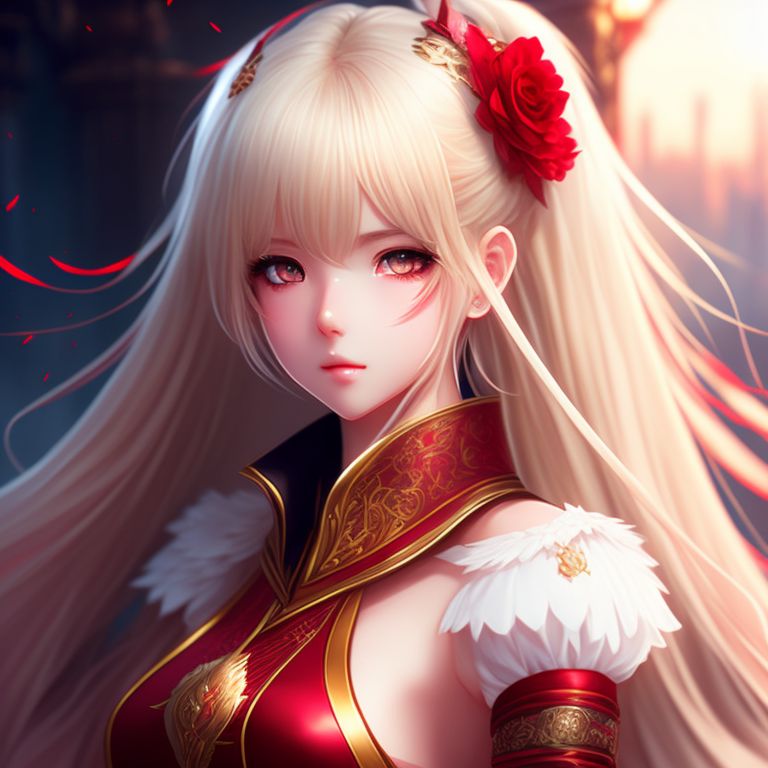 anime girl with long blonde hair and red eyes