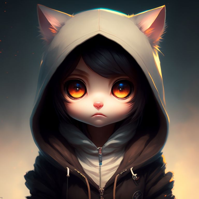 very cute tiny, anime cat girl wearing hoodie, rim lighting, adorable big eyes, small, By greg rutkowski, chibi, Perfect lighting, Sharp focus