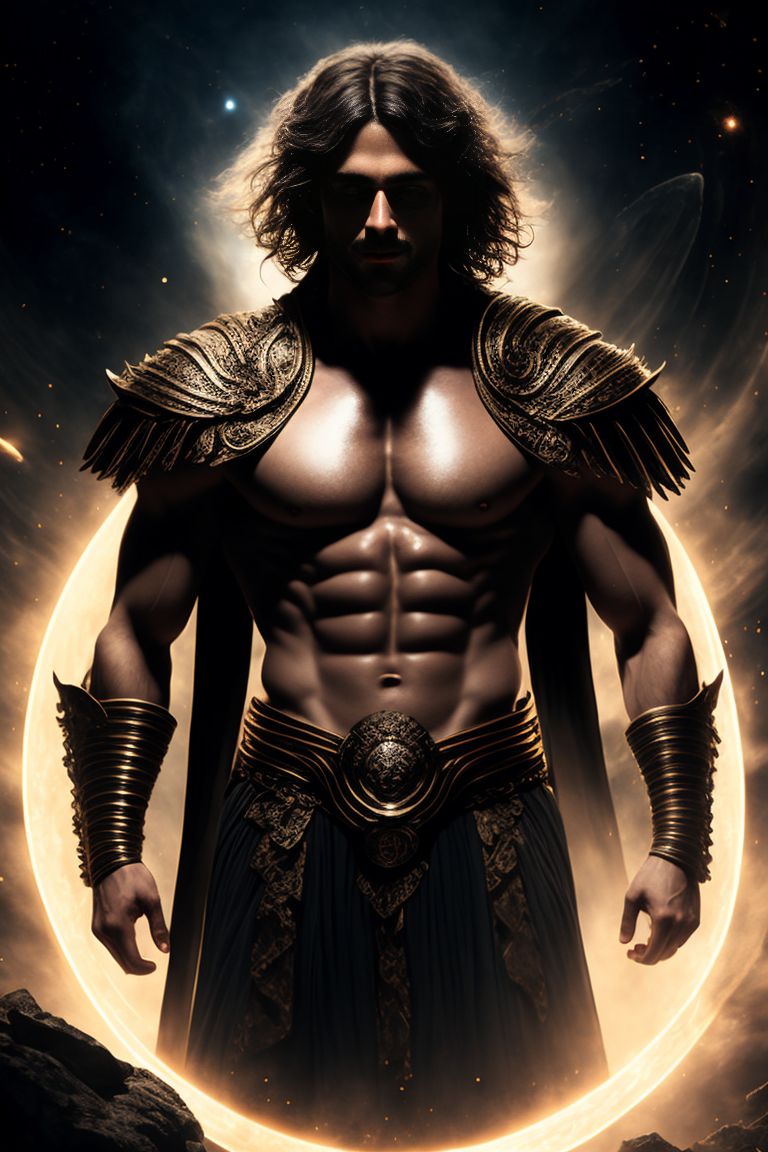 the primordial darkness embodying a greek god, erebus wearing ancient greek glothing, galaxy with solar system as background, [cinematic, soft studio lighting, backlighting, dark background, best quality, Realistic, beautiful realistic photo of a realistic dramatic character, fusion between jeremy mann and childe hassam and daniel f gerhartz and rosa bonheur and thomas eakins, Cinematic, Long shot, fullbody