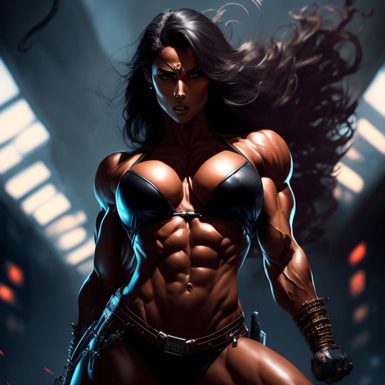 Sixpack girl, a muscular woman with six-pack abs and impressive physical strength, depicted in a dramatic action pose, low angle shot, intense lighting, epic music, Concept art, Detailed, by artists jock and katsuhiro otomo and frank frazetta and dave rapoza, dynamic, Gritty, Dark, Artstation, digital painting.