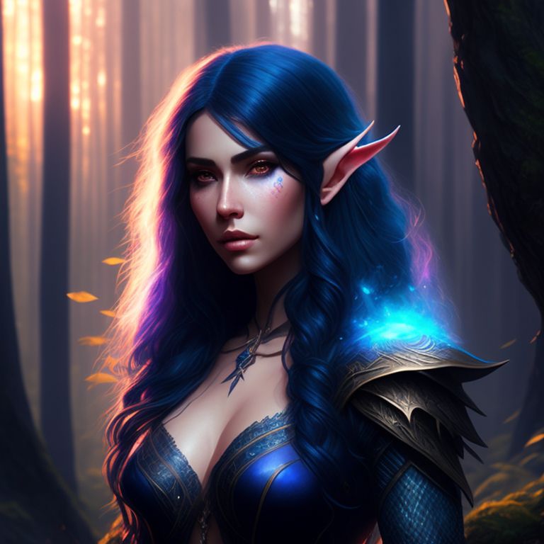 worn-walrus279: Half-elf female with long black hair liquid golden eyes  with a dark barmaid outfit