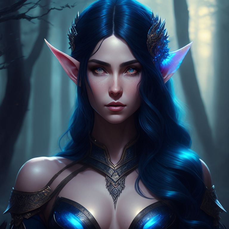 worn-walrus279: Half-elf female with long black hair liquid golden eyes  with a dark barmaid outfit