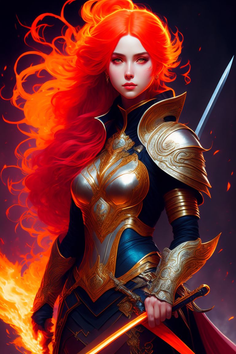 Aerishiph Girl With Flaming Hair And Sword With White Armor 2397