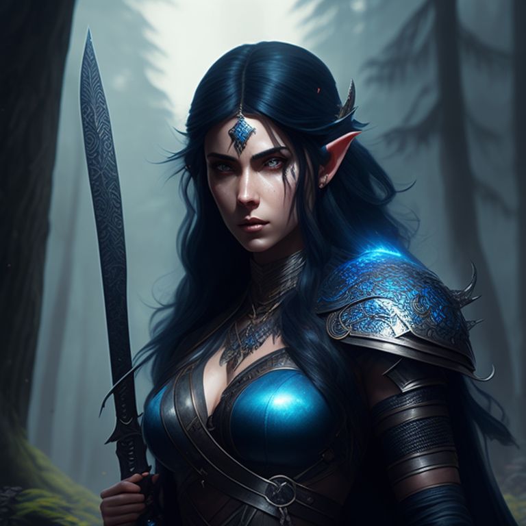 crafty-wren25: Half-elf woman with blue scales and black hair with a sword