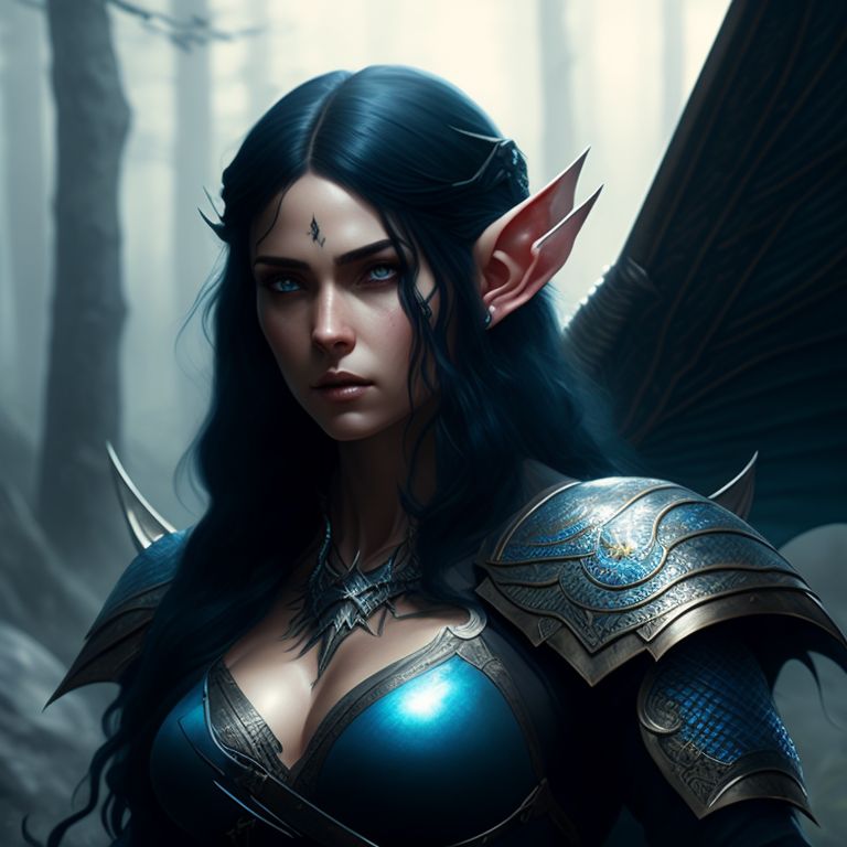 worn-walrus279: Half-elf female with long black hair liquid golden eyes  with a dark barmaid outfit