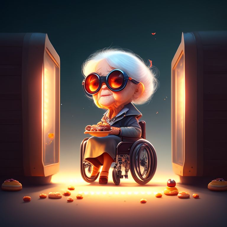 oldtermite984 Granny on a wheelchair wearing sunglasses eating donuts