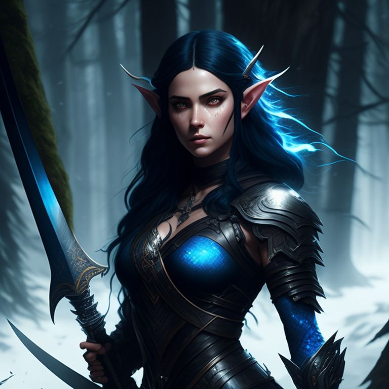 crafty-wren25: Half-elf woman with blue scales and black hair with a sword