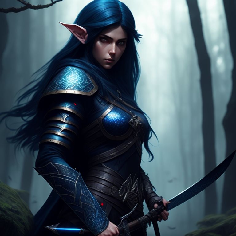 crafty-wren25: Half-elf woman with blue scales and black hair with a sword