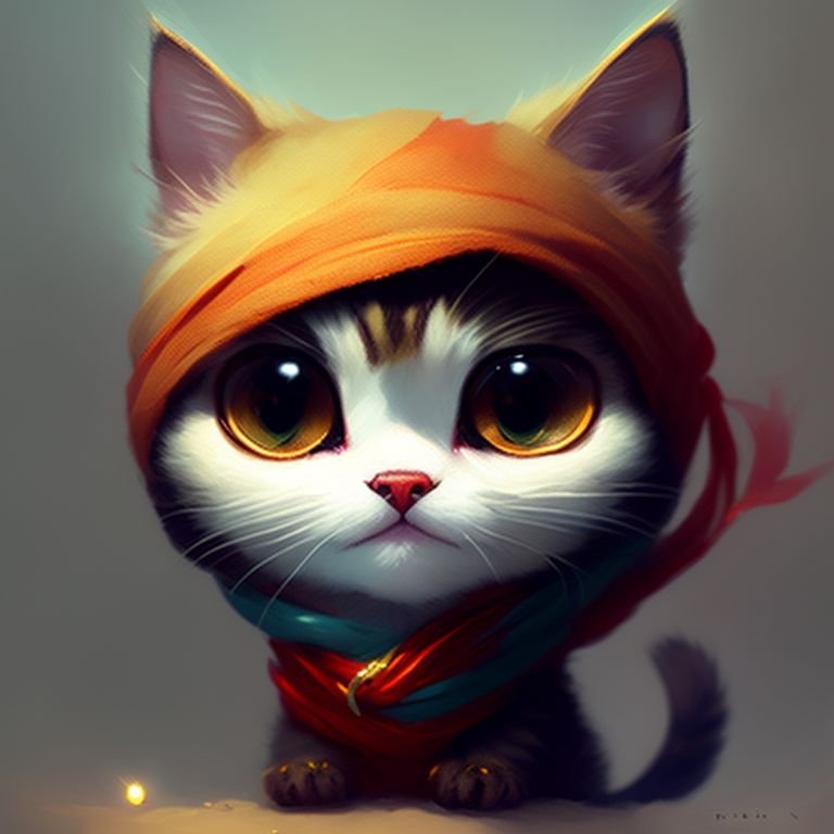 very cute tiny, A cat wearing a red headscarf, rim lighting, adorable big eyes, small, By greg rutkowski, chibi, Perfect lighting, Sharp focus