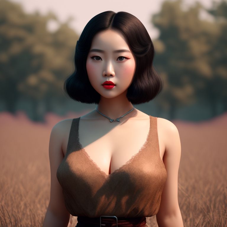 Sexy asian girl, bob hair, pink lip, full body, war background, Realistic, Depth of field, Physically based rendering, Rendered in Cinema4D, cinematic background, Vintage photo, Portrait photograph, Extremely detailed, Perfect composition, (((Earthy and natural color palette)))
