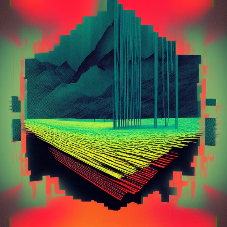 a distorted and glitchy landscape, Digital error, Glitch art, Glitched, Glitchy, Mixed media, Distorted, Static, Noise, Scrambled, Analog, Pixelated, Double exposure, Grain, Color degradation, Digital