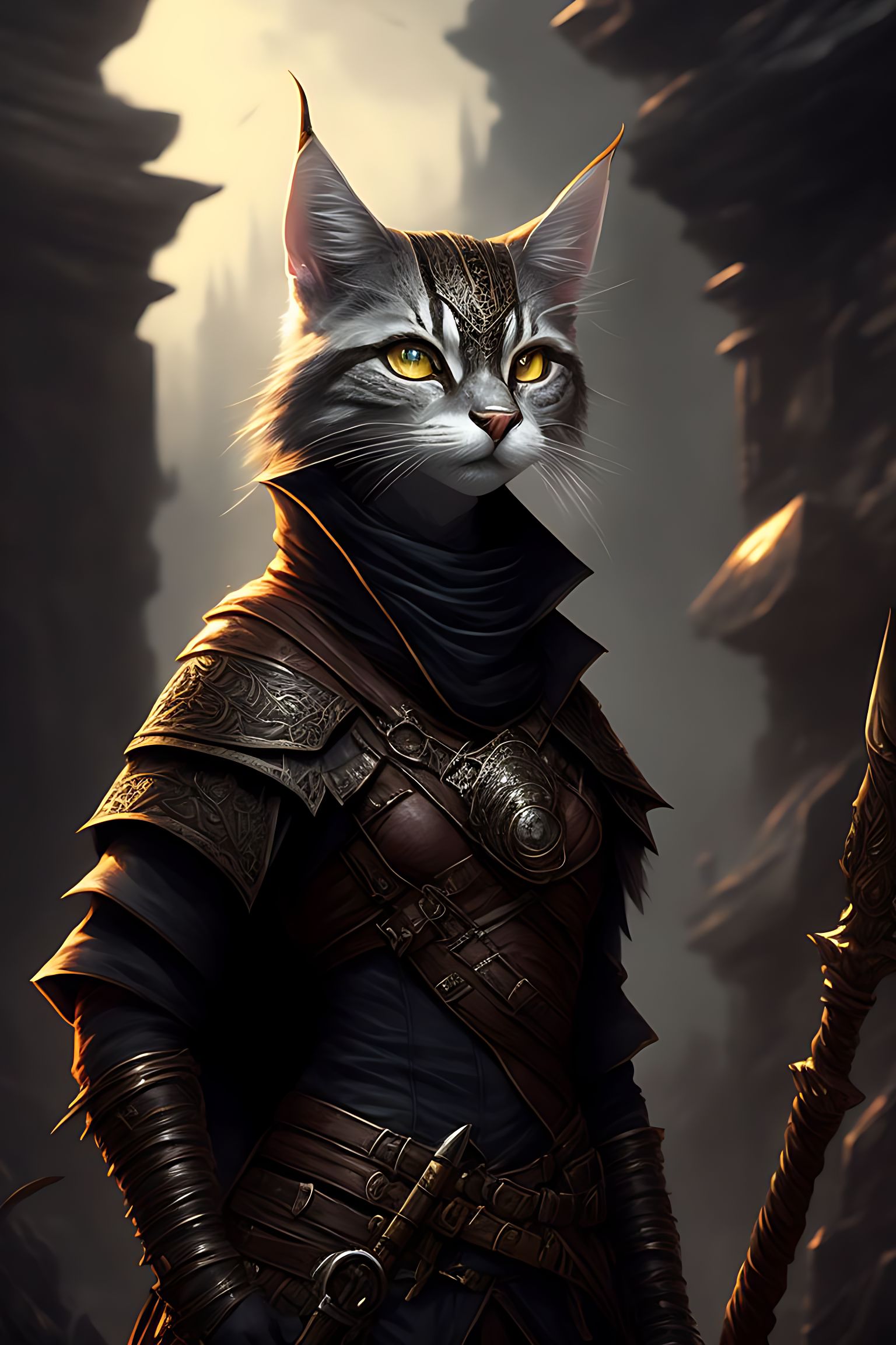 dungeons and dragons tabaxi rogue khajiit silver tabby traveler's basic clothes, illustrated in a dark and moody style with intricate details, highlighted by warm lighting and sharp focus, the artwork is reminiscent of classic fantasy concept art and is in the style of artists like magali villeneuve and rk post, Trending on Artstation, this digital painting is perfect for fans of rpgs and fantasy action.