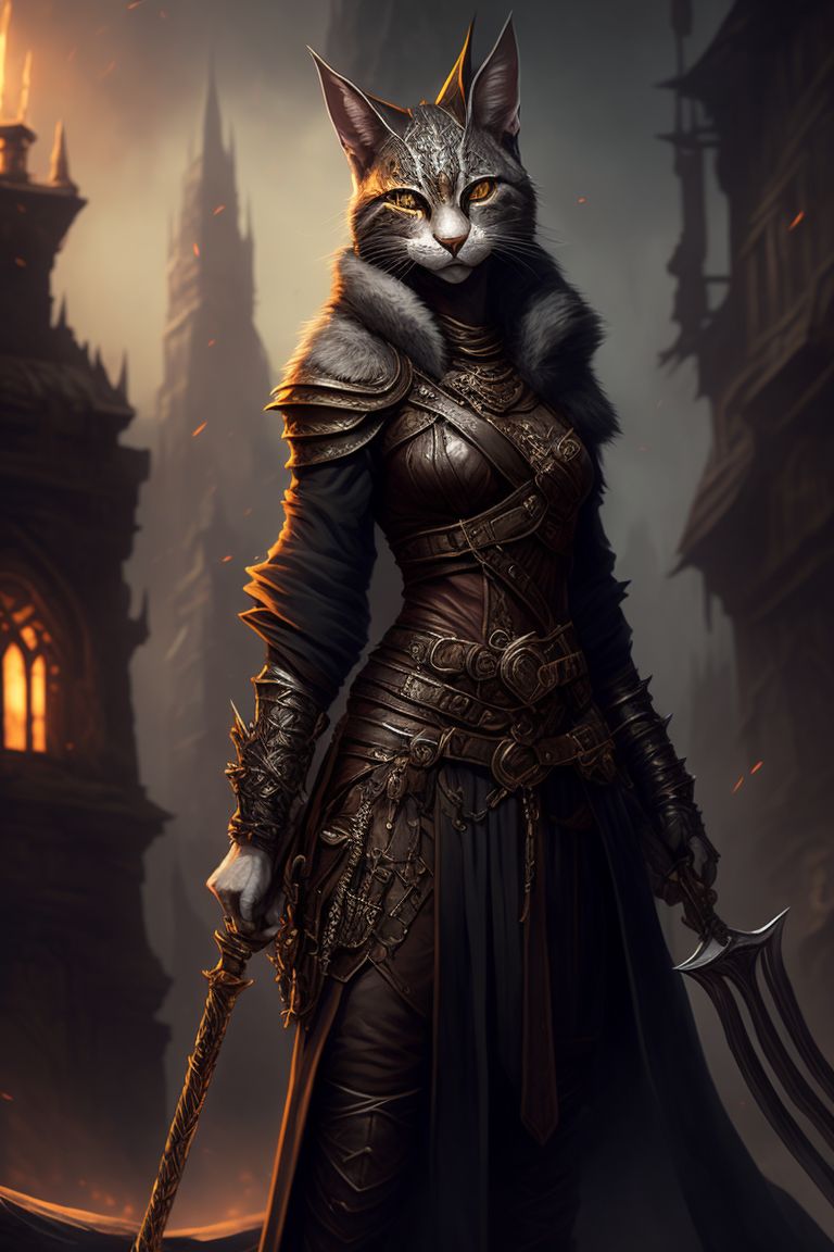 dungeons and dragons tabaxi rogue khajiit silver tabby basic dark clothes, illustrated in a dark and moody style with intricate details, highlighted by warm lighting and sharp focus, the artwork is reminiscent of classic fantasy concept art and is in the style of artists like magali villeneuve and rk post, Trending on Artstation, this digital painting is perfect for fans of rpgs and fantasy action.