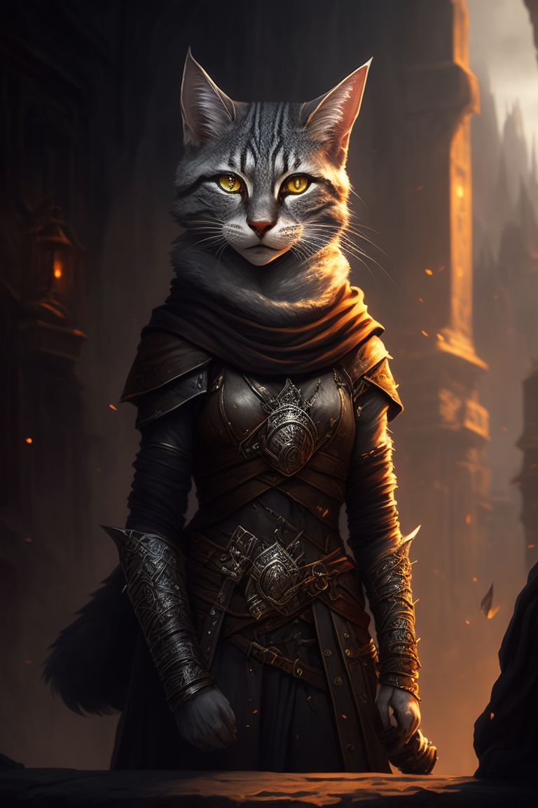 dungeons and dragons tabaxi rogue khajiit silver tabby basic dark clothes, illustrated in a dark and moody style with intricate details, highlighted by warm lighting and sharp focus, the artwork is reminiscent of classic fantasy concept art and is in the style of artists like magali villeneuve and rk post, Trending on Artstation, this digital painting is perfect for fans of rpgs and fantasy action.