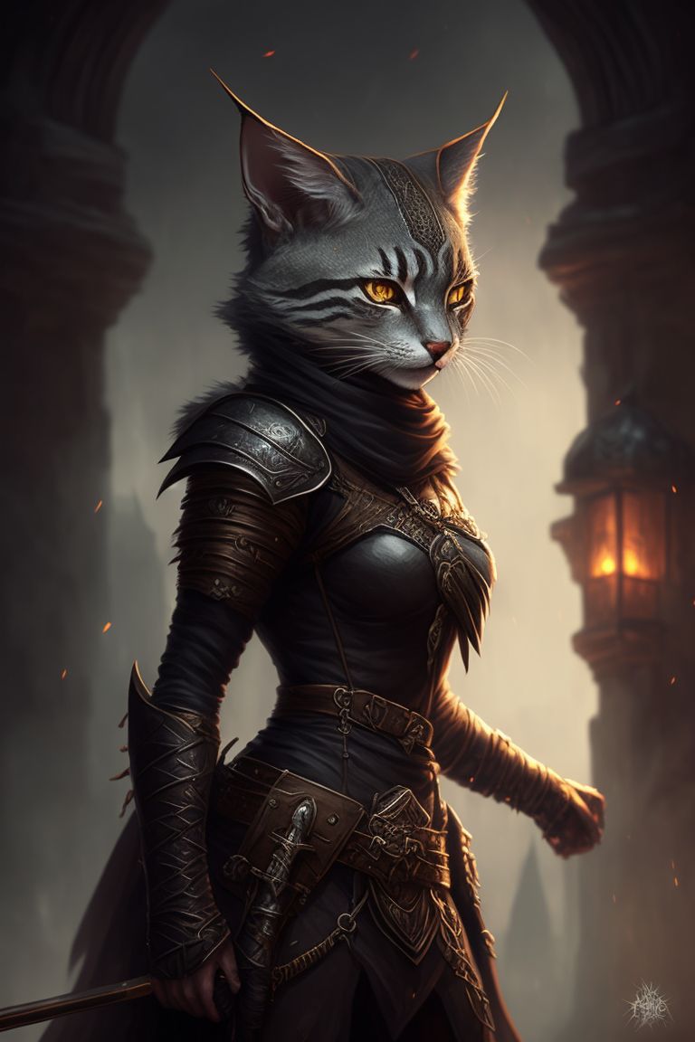 dungeons and dragons tabaxi rogue khajiit silver tabby basic dark clothes, illustrated in a dark and moody style with intricate details, highlighted by warm lighting and sharp focus, the artwork is reminiscent of classic fantasy concept art and is in the style of artists like magali villeneuve and rk post, Trending on Artstation, this digital painting is perfect for fans of rpgs and fantasy action.