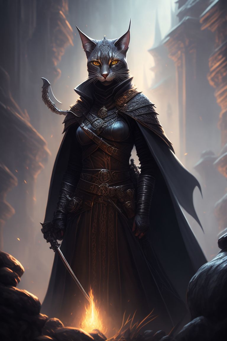 dungeons and dragons tabaxi rogue khajiit silver tabby basic dark robe, illustrated in a dark and moody style with intricate details, highlighted by warm lighting and sharp focus, the artwork is reminiscent of classic fantasy concept art and is in the style of artists like magali villeneuve and rk post, Trending on Artstation, this digital painting is perfect for fans of rpgs and fantasy action.