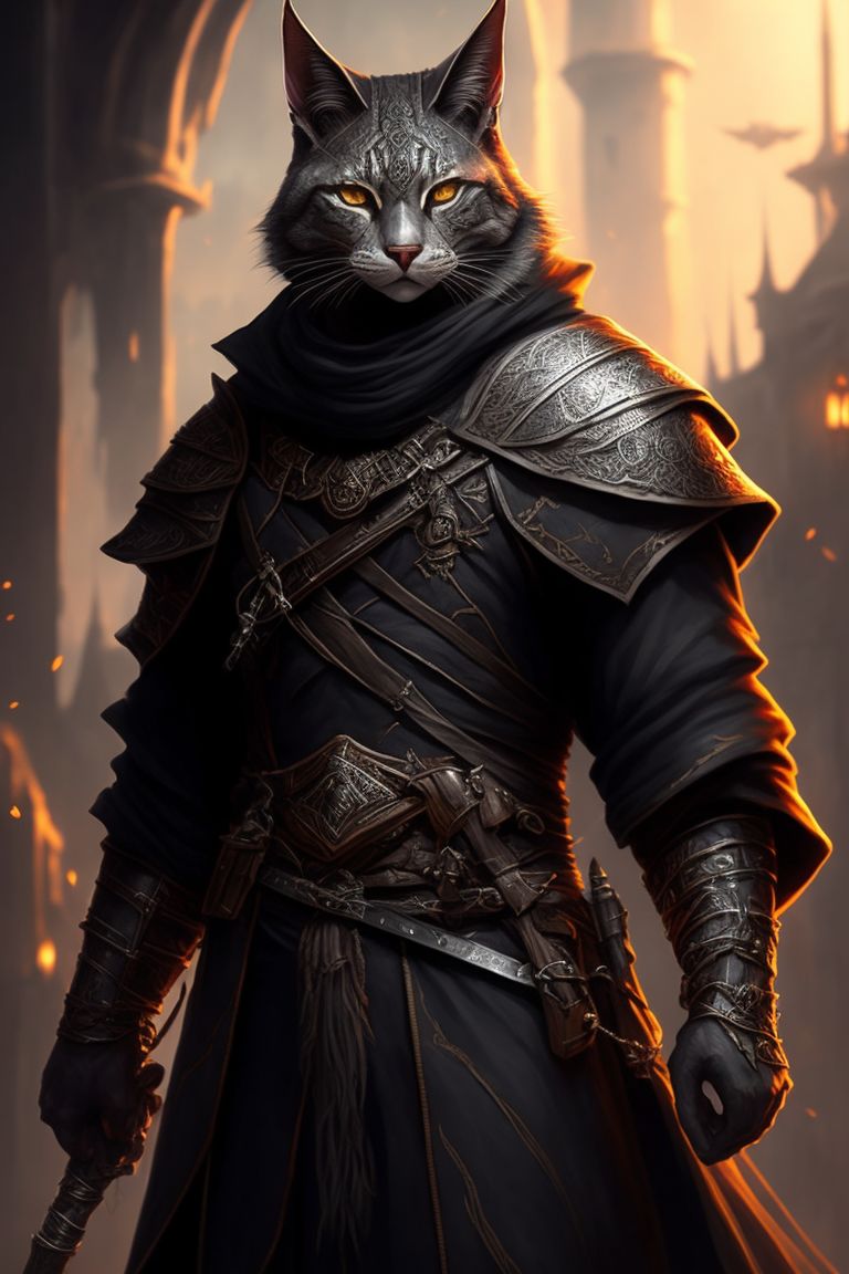 dungeons and dragons tabaxi rogue khajiit silver tabby basic dark robe, illustrated in a dark and moody style with intricate details, highlighted by warm lighting and sharp focus, the artwork is reminiscent of classic fantasy concept art and is in the style of artists like magali villeneuve and rk post, Trending on Artstation, this digital painting is perfect for fans of rpgs and fantasy action.
