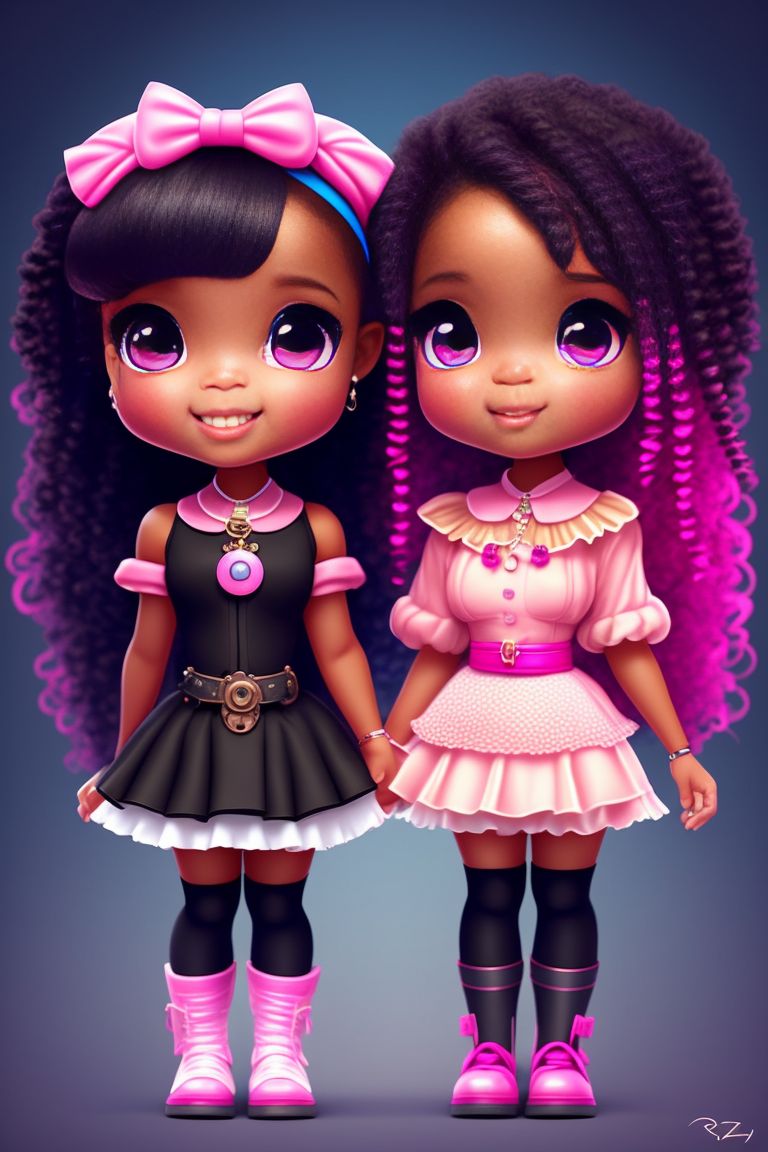 Sasseycat1964 Twin Black Girls Pink Full Body Full Portrait