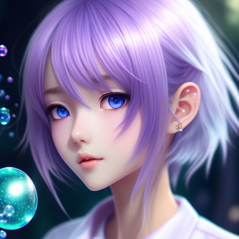 boiling-gnu366: Cute anime girl tennis light purple hair girl with a blue  eyes. 15 years old. anime plain white long sleeved button-up shirt. tattoo  on neck that it's the number 54829