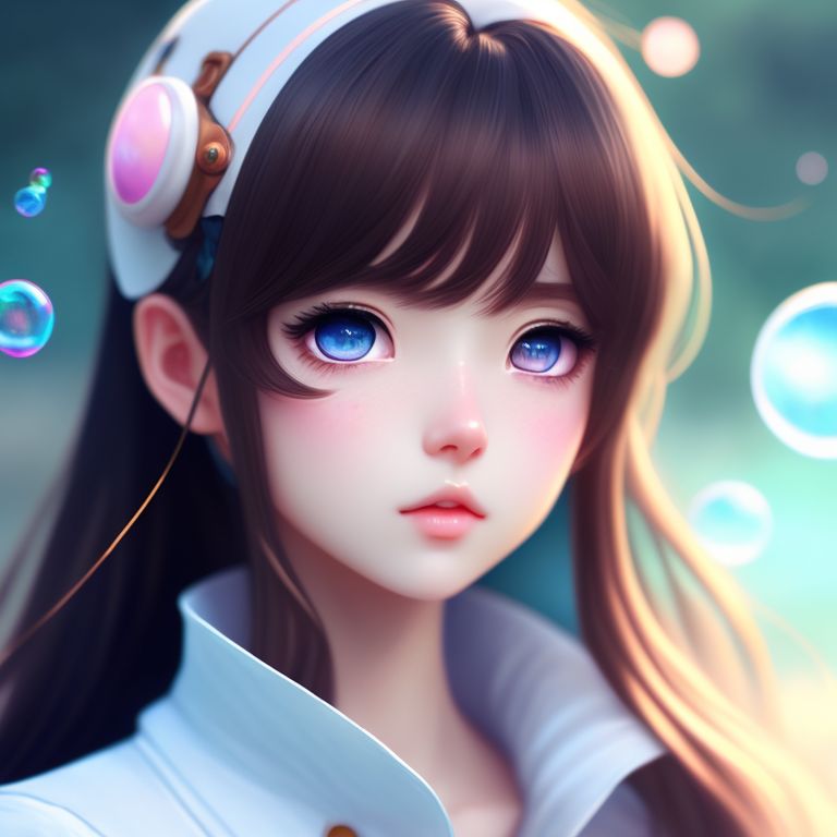 brown hair anime girl with light blue 
eyes. 1960 tomboy outfit, pastel, dreamy, anime art, digital painting by sakimichan, Trending on Artstation, shimmering light, Sharp focus, highly detailed., with bubbles and fish surrounding her, Anime