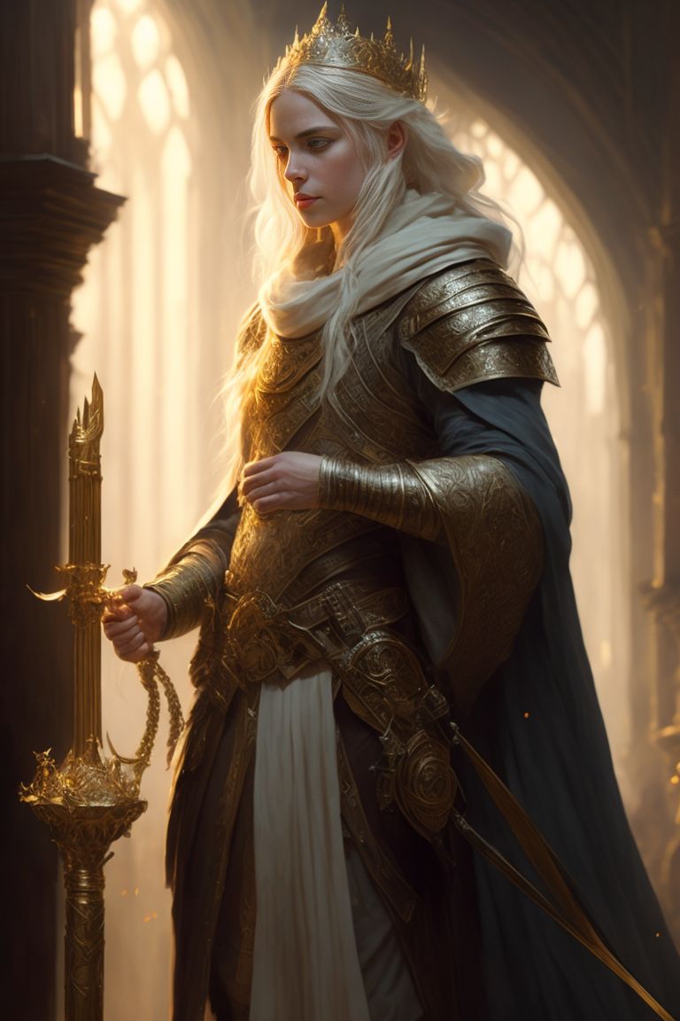 Fedoraxsa: extremely beautiful cleric queen, perfect face, blond hair,  fantasy princess, finely detailed robes, exploring a dnd dungeon, art by  Greg Rutkowski, art by JC Leyendecker, Fantasy art, aasimar , 4 K,