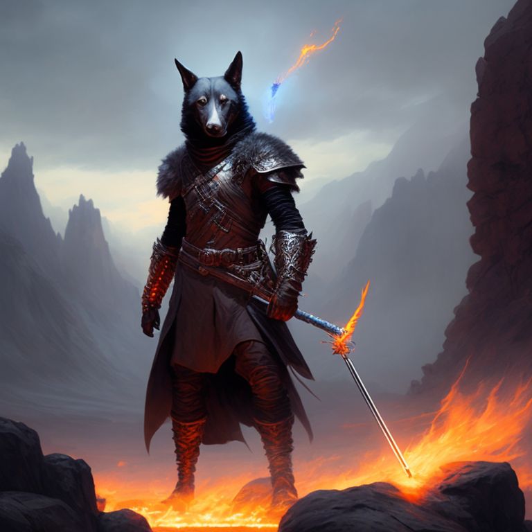 Drakewyn Grey furred humanoid dog man wizard warrior standing in a rocky desert throwing a