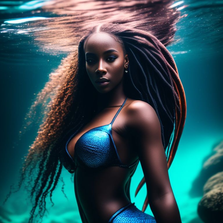 keisha_79baby: Beautiful black mermaid with long braids, long mermaid tail,  blue eyes, swimming in ocean, backlight, portrait.