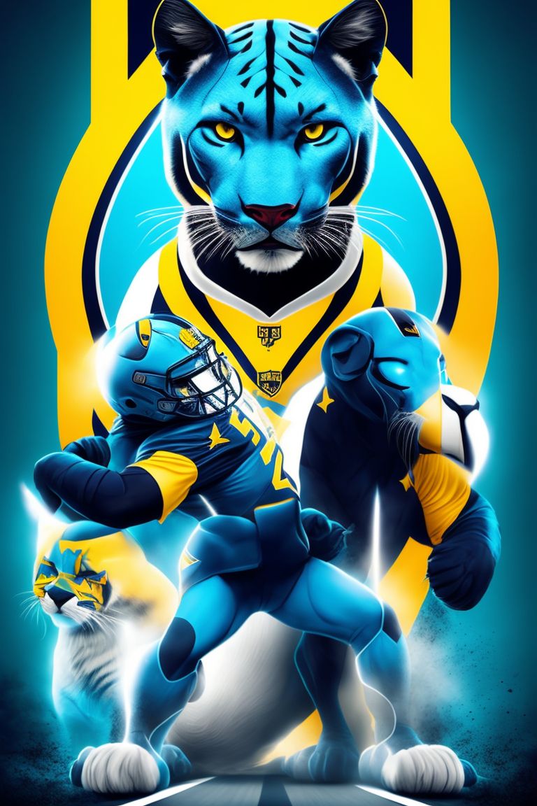 panther, mascot for sport, fierce , smart, technological,  light blue, yellow and white stripes, standing with full body portrait