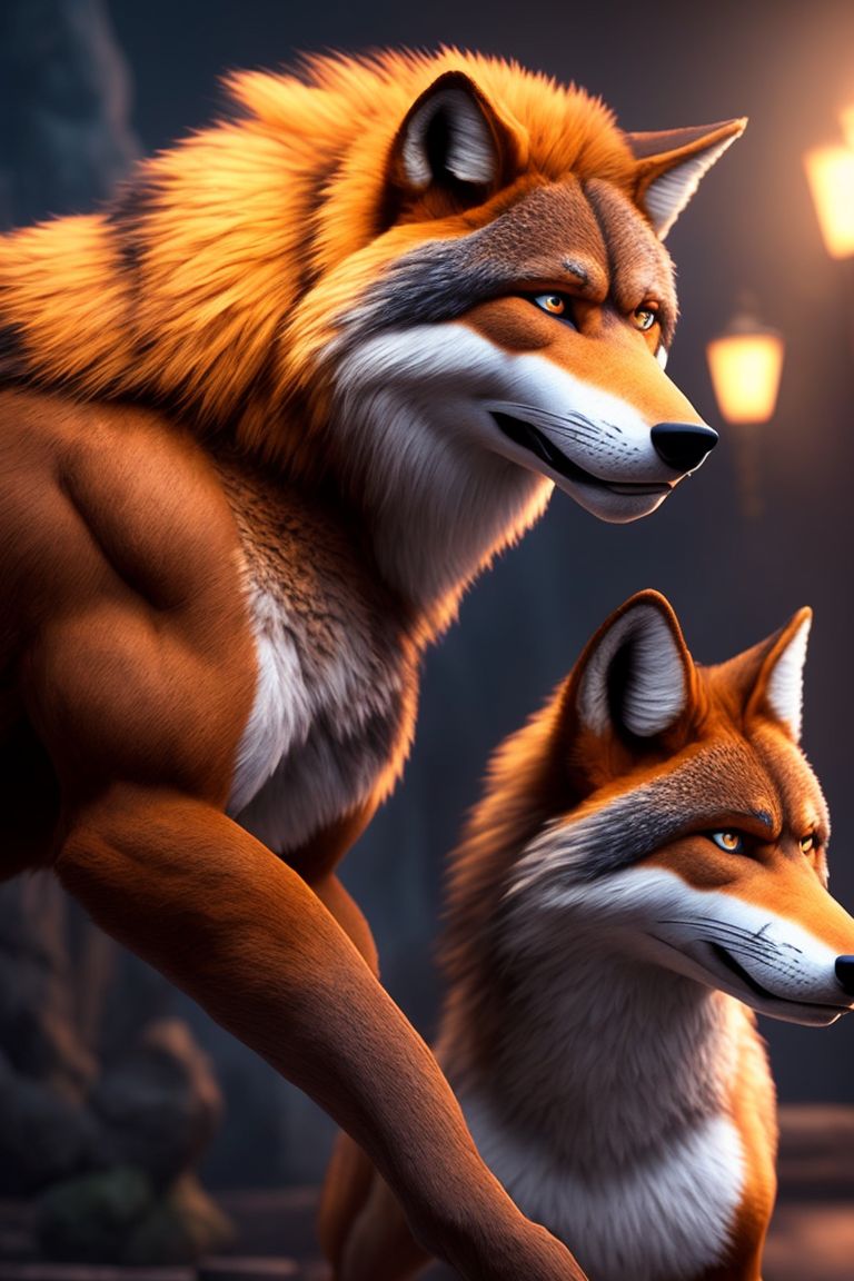 Muscle wolf and strong fox, Masterpiece, best quality, realistic disney animation  face, Realistic, realistic disney animation characters, realistic disney animation environment, realistic disney animation body, beautiful realistic photo of a realistic disney animation character, disney animation cinematic, nice shot, Long shot, fullbody