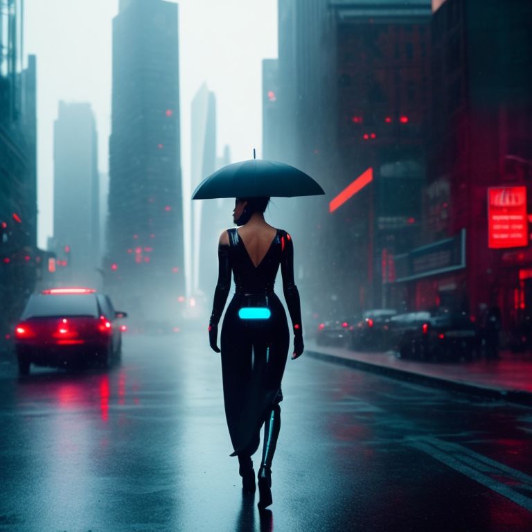 swift-magpie906: In a futuristic cityscape, a female cyborg walks through  the rain-soaked streets. She is wearing a sleek black outfit, her body  adorned with neon blue highlights. The rain creates a glow