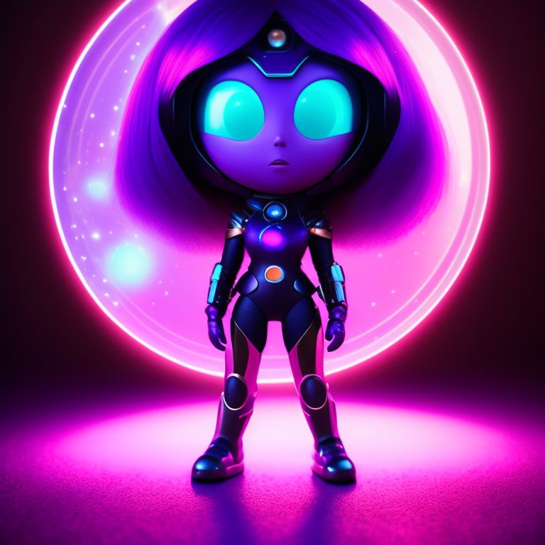 standing centered, Pixar style, 3d style, disney style, 8k, Beautiful, Galaxy Girl, Powerful, Confident, Space-Explorer, Purple Hair, Glowing Eyes, Shimmering Suit, Space Helmet, Futuristic Weapon, Quick and Precise, Endless Courage., Heroic