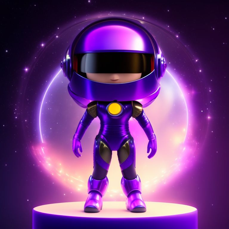 standing centered, Pixar style, 3d style, disney style, 8k, Beautiful, Galaxy Girl, Powerful, Confident, Space-Explorer, Purple Hair, Glowing Eyes, Shimmering Suit, Space Helmet, Futuristic Weapon, Quick and Precise, Endless Courage., Heroic