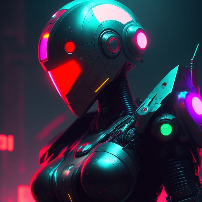 a robot with red eyes, glowing neon lights in the background, Highly detailed, Sci-fi, cyberpunk, Digital illustration, art by greg rutkowski and peter mohrbacher, Sharp focus, artstation.