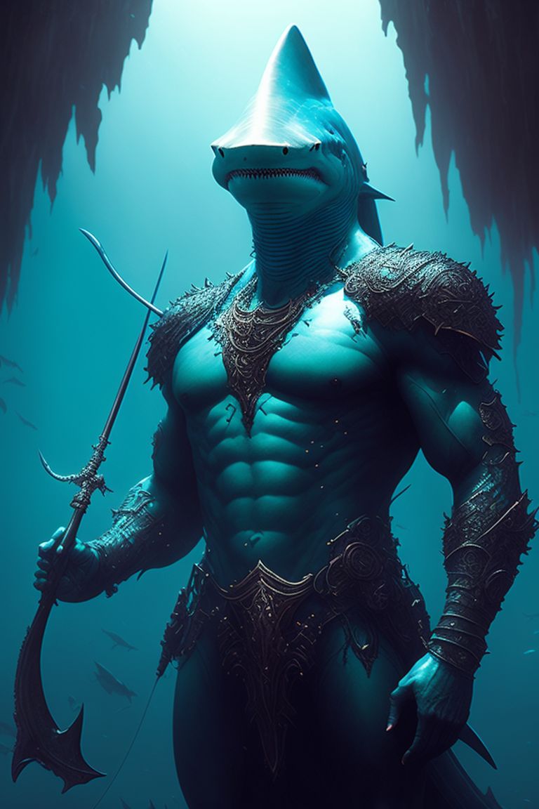 Shark humanoid with a trident
, ocean depths, Intense, Sharp focus, Highly detailed, matte illustration, art by greg rutkowski, zdislav beksinski, and wayne barlowe, epic lighting, Fantasy, mythical creature, trending on artstation.