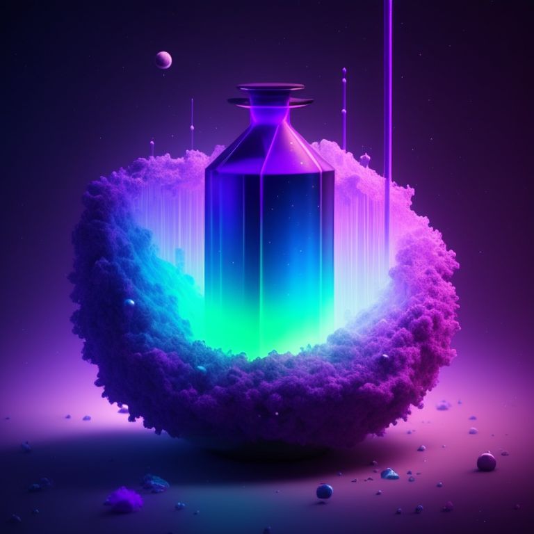A pixel like potion with purple and blue particules floating around. A dark purple like aura surrounds everything with a dark lighted background., psychedelic colors, Dark, glowing, floating blue and purple particles, Highly detailed, Centered, Artstation, Digital illustration, Intricate, Neon, cosmic, by paul robertson and simon stålenhag.