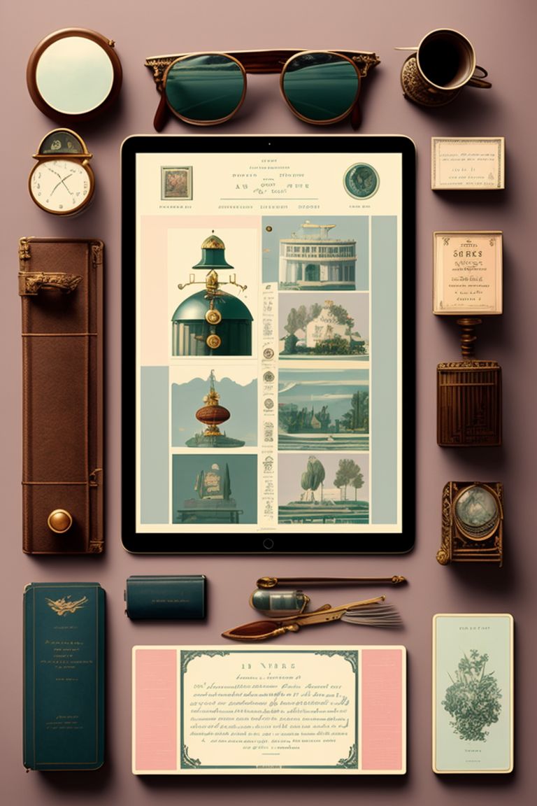 Ipad in the year 1700s on a luxurious table , 1950s era, fine detail, pastel color palette, symmetrical framing, quirky props and costumes, gentle lighting, with details inspired by artwork of edward gorey, science fiction literature, and vintage travel posters.