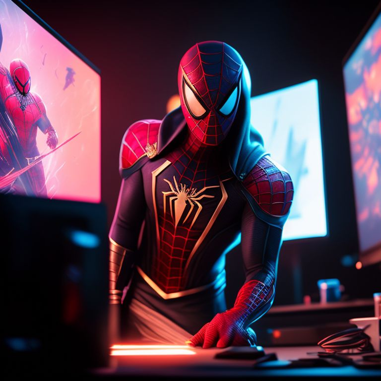 required-bee341: Spiderman working as a graphic designer in front of dual  screen monitor