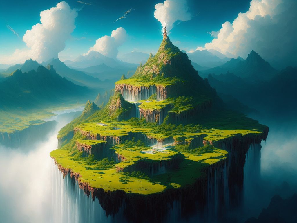 Floating island with a valley and a river that runs all the way out of the island and becomes a waterfall. , complemented by a flowing river that gracefully descends into a breathtaking waterfall, it should be highly detailed with smooth lines and a low angle shot, vivid and warm lighting, and overall vivid and beautiful with art by artgerm, Greg Rutkowski, and peter mohrbacher.