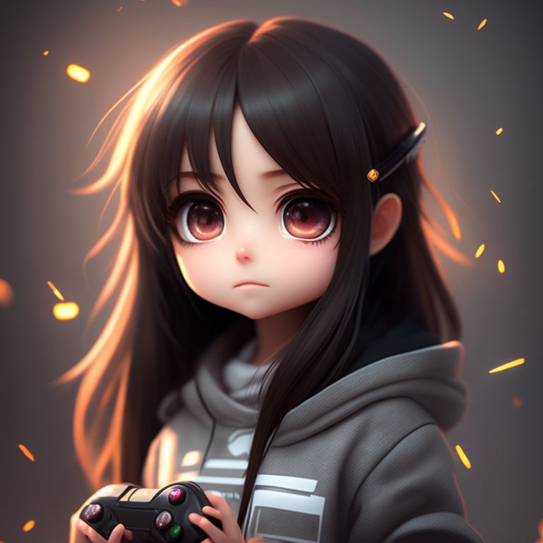 very cute tiny, Very cute, anime, gamer girl, holding a gamepad in hands, long brown hair, gray hoodie, rim lighting, small, By greg rutkowski, chibi, Perfect lighting, Sharp focus, rim lighting, adorable big eyes, small, By greg rutkowski, chibi, Perfect lighting, Sharp focus