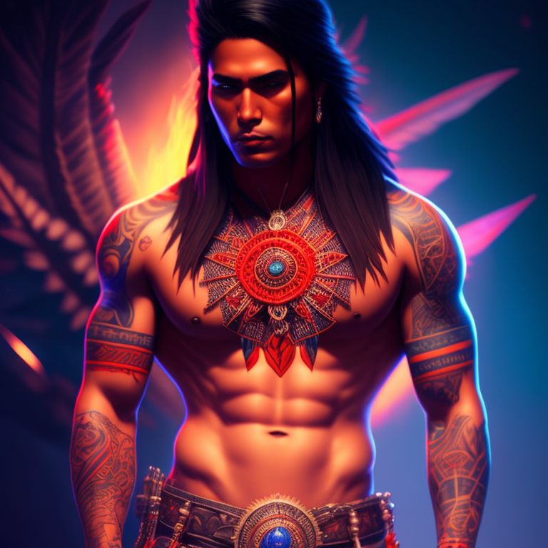 tattooed and cool native american indian man, standing front side, full body., Digital art, Highly detailed, red and blue lighting, Intricate, Sharp focus, art by loish and artgerm, trending on artstation.