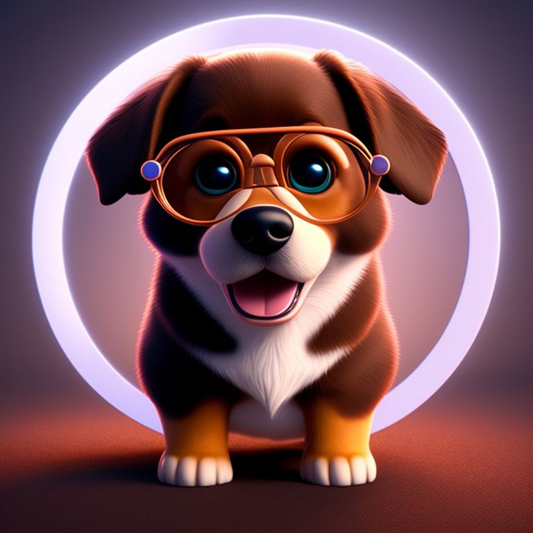 standing centered, Pixar style, 3d style, disney style, 8k, Beautiful, cute brown dog with eye glasses smiling