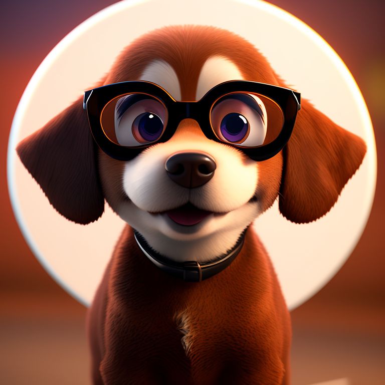 standing centered, Pixar style, 3d style, disney style, 8k, Beautiful, cute brown dog with eye glasses smiling