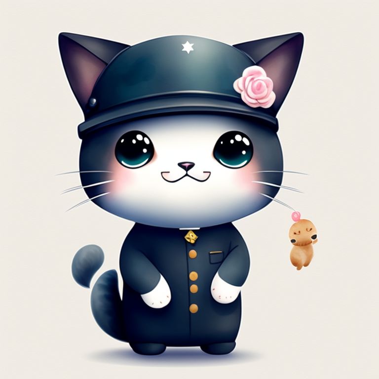 knobby-jay866: baby cat as police, big head, small body, cute animal, cute  clothing, Full body, Cute Eyes, cute expressions, watercolor style,  storybook style, Character design, illustrator, digital watercolor, White  background, cartoon style