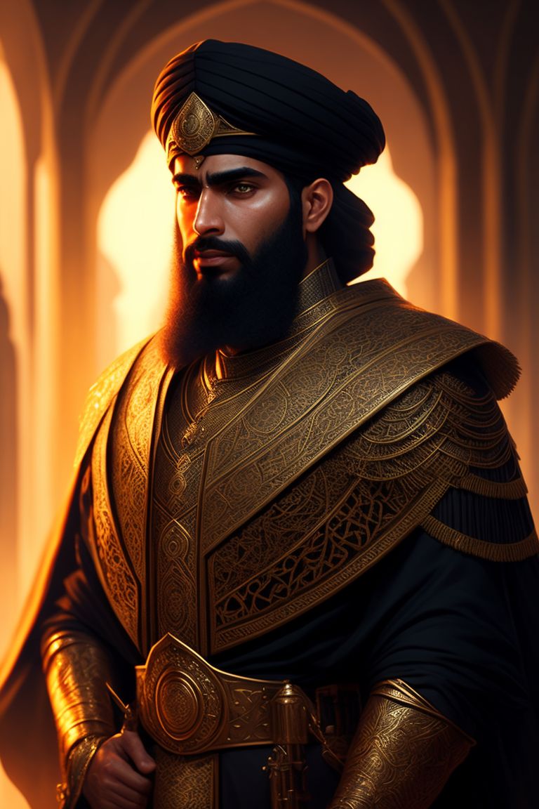 umar bin khattab, intricate details highlighting his journey as the second caliph, Warm lighting, portrait shot, Trending on Artstation, art by magali villeneuve and greg rutkowski, Sharp focus, historic, regal.